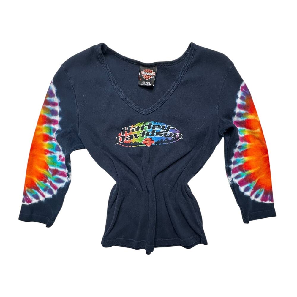 Vintage Y2K Harley-Davidson Tie-Dye Sleeve Long Sleeve V-Neck Top | Medium